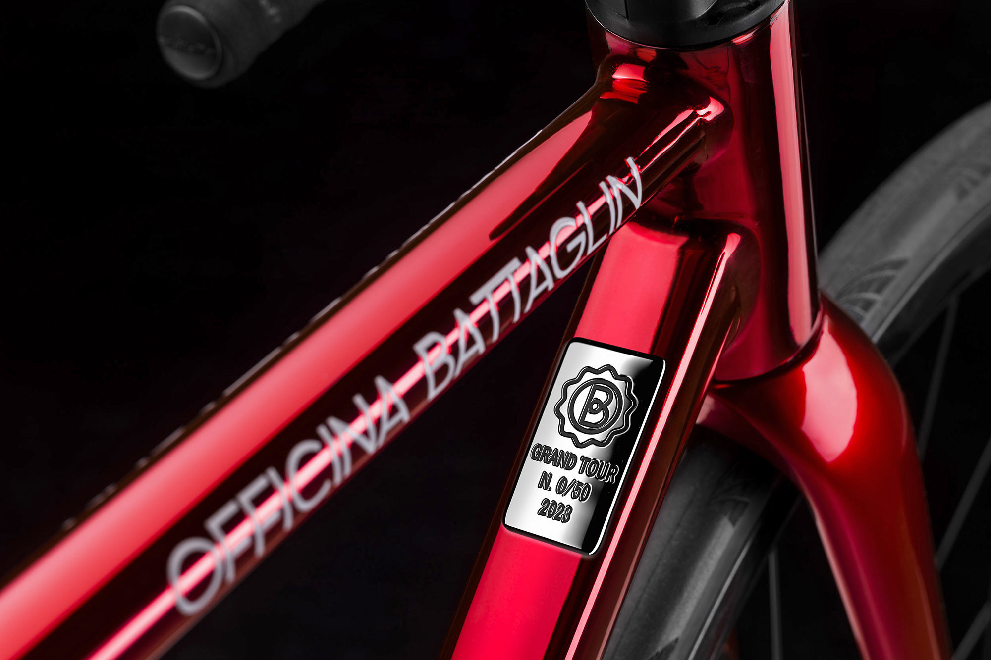 Officina Battaglin Grand Tour custom Italian steel endurance road bike in shiny cromovelato red, ltd ed. badge